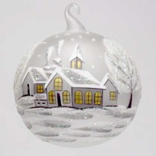 Medium Glass Ball Ornament - White Cottages